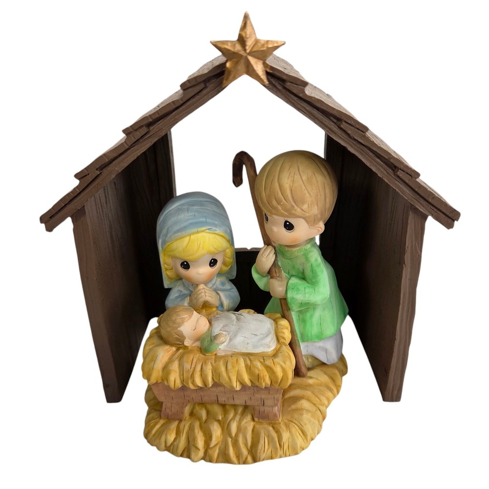Precious Moments Nativity Set Mary Joseph Baby Jesus Manger Scene Ceramic Stable